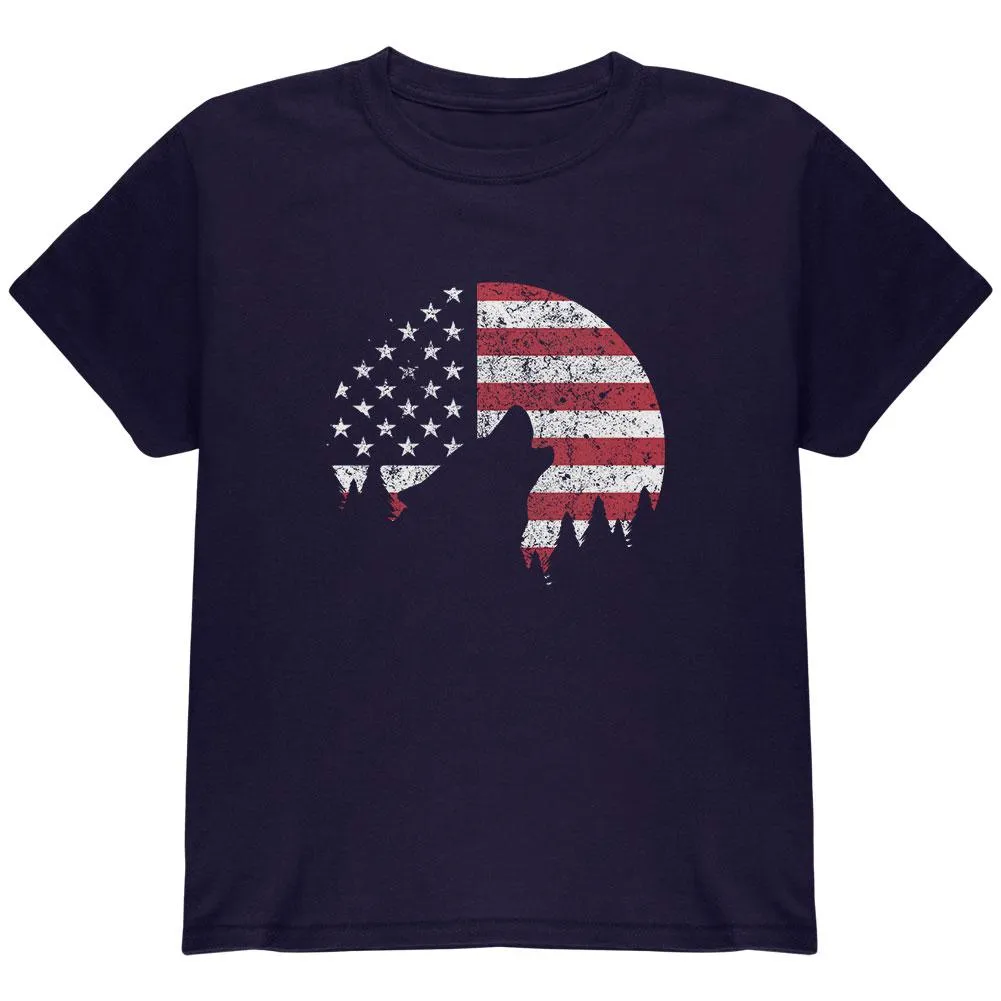 4th Of July Wolf Silhouette Flag Moon Youth T Shirt