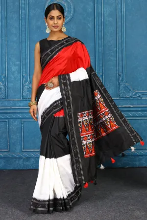 91A424 Black White and Red Pochampalli Ikkat Silk Saree