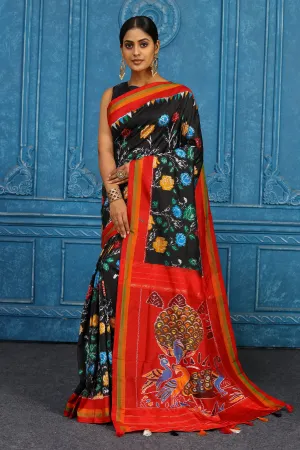 91A446 Black Pochampally Ikkat Saree with Red Border