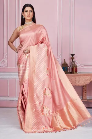 92A211 Rose Pink Banarasi Saree with Zari Border