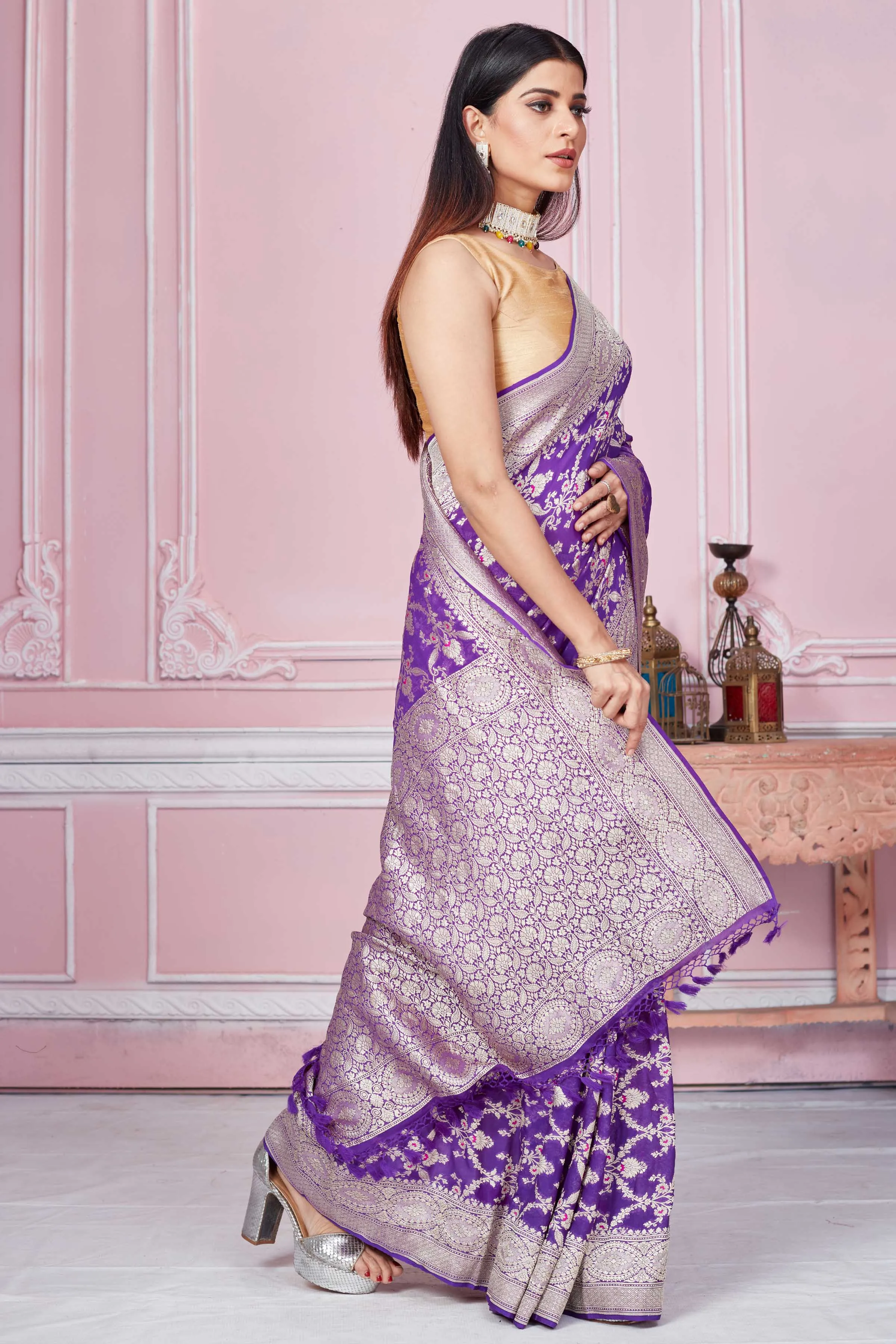 92A250 Purple Banarasi Saree With Silver Zari Jaal