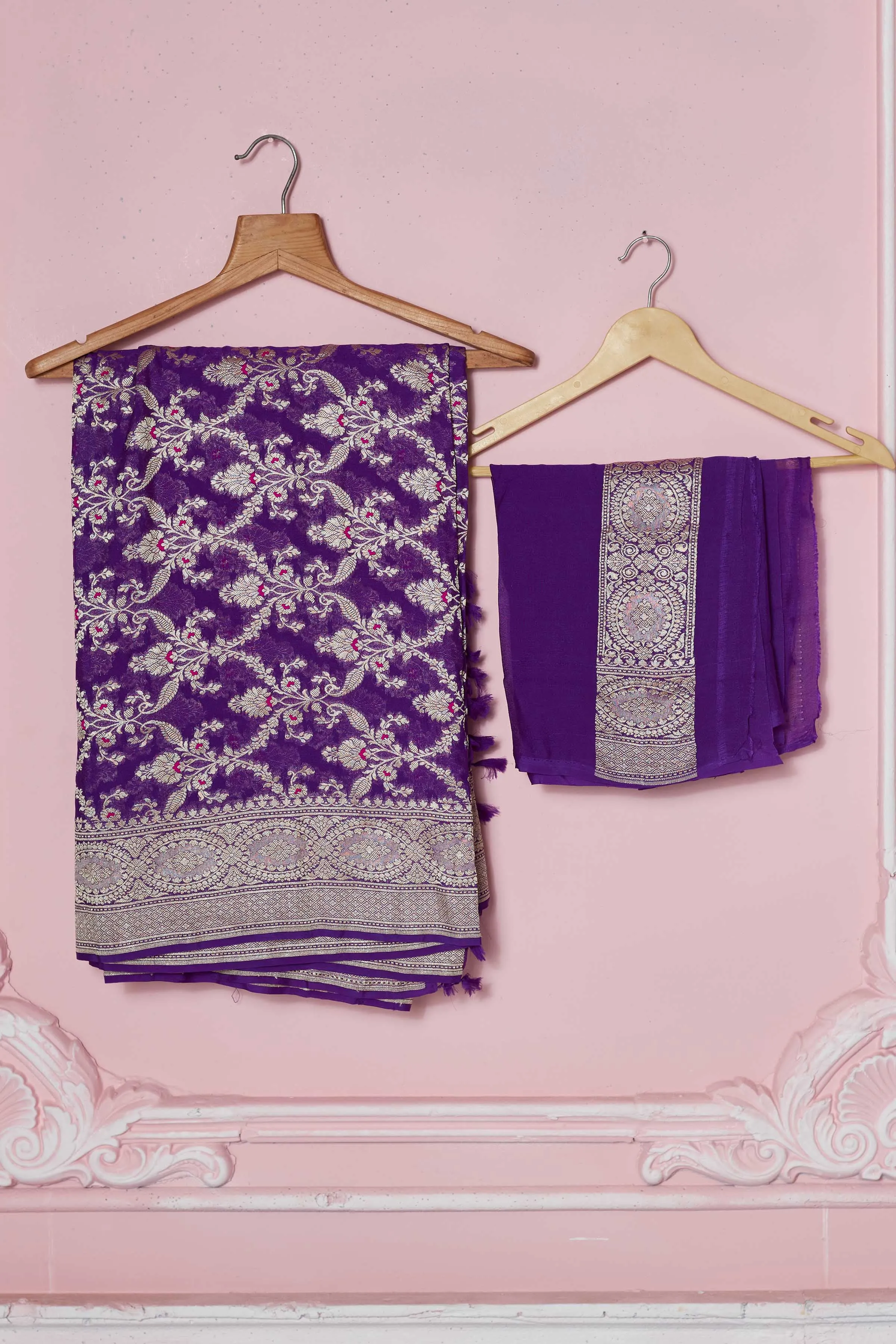 92A250 Purple Banarasi Saree With Silver Zari Jaal