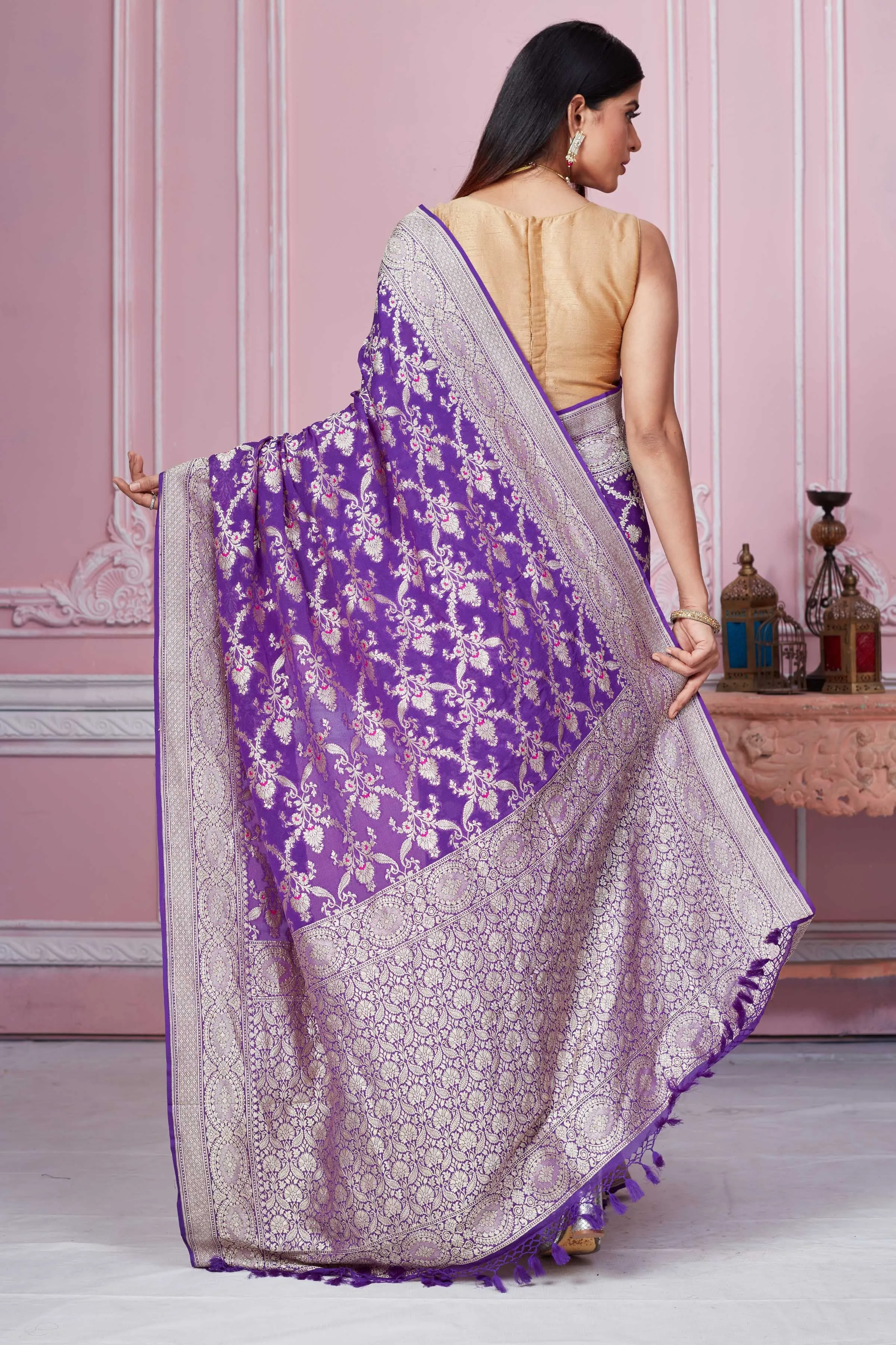 92A250 Purple Banarasi Saree With Silver Zari Jaal