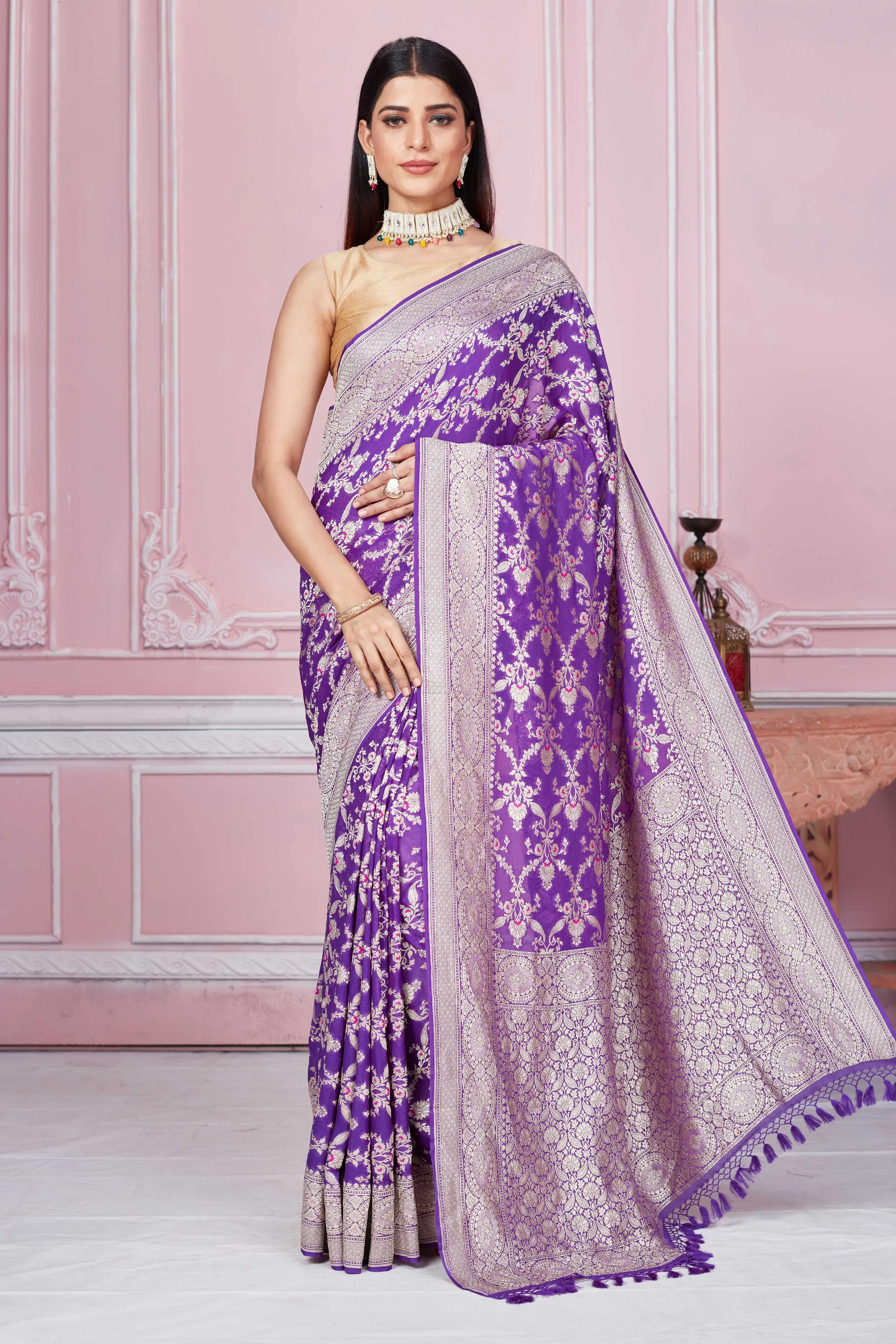 92A250 Purple Banarasi Saree With Silver Zari Jaal