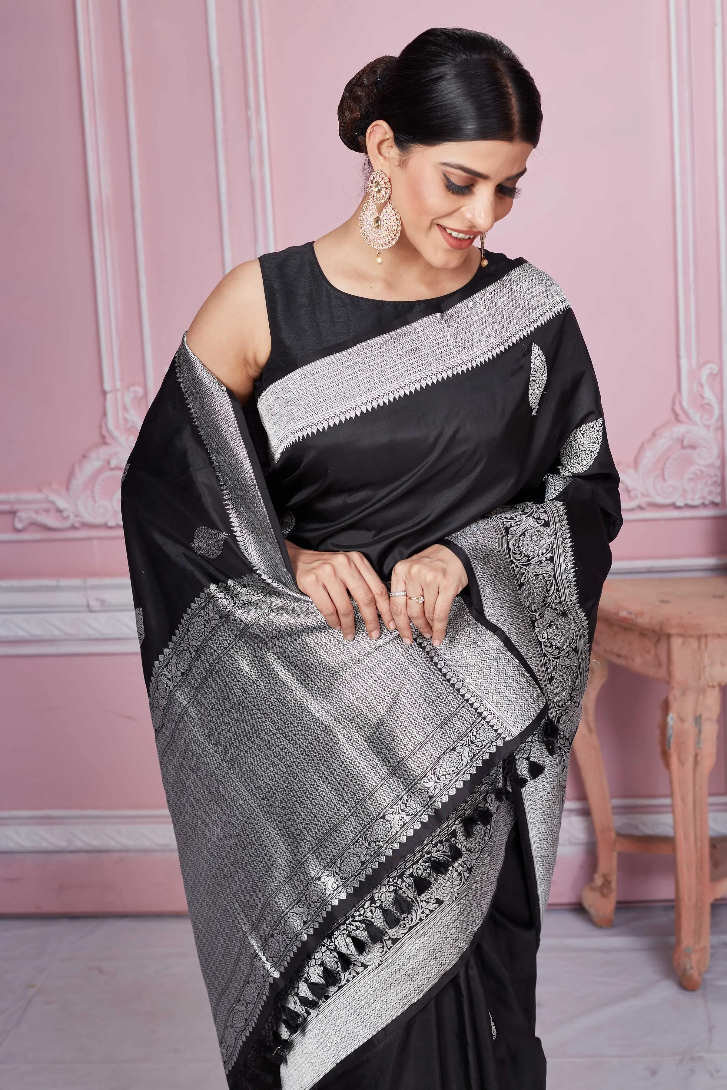 92A261 Black Banarasi Saree With Silver Zari Border And Buta