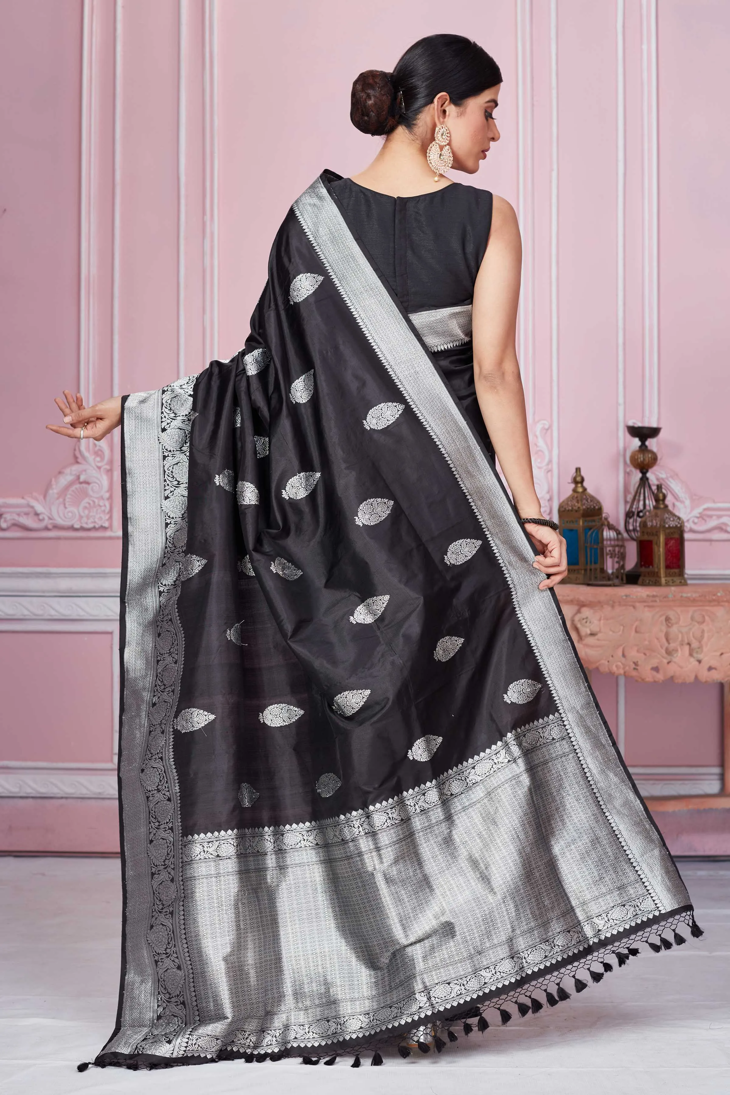 92A261 Black Banarasi Saree With Silver Zari Border And Buta