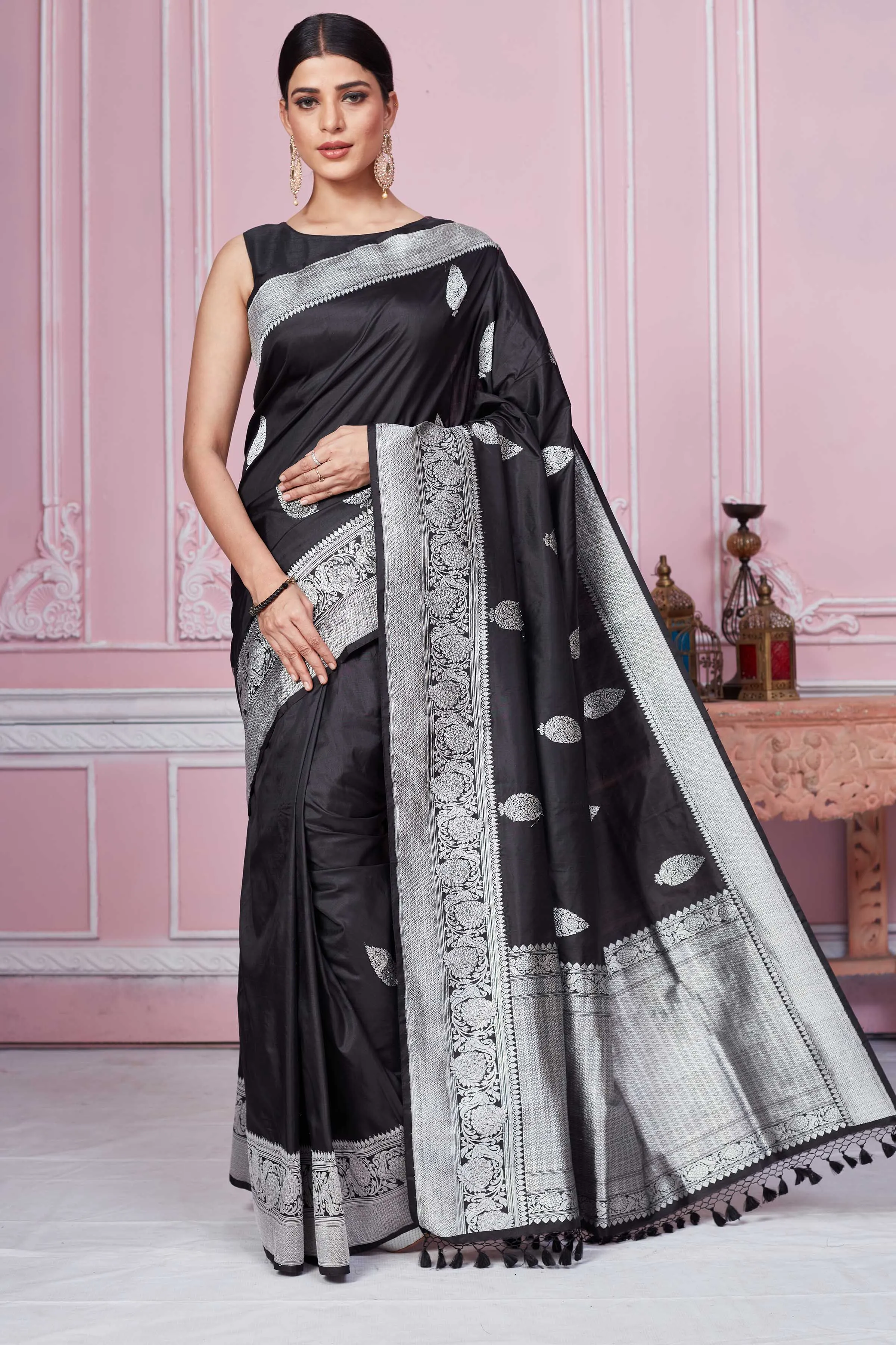 92A261 Black Banarasi Saree With Silver Zari Border And Buta