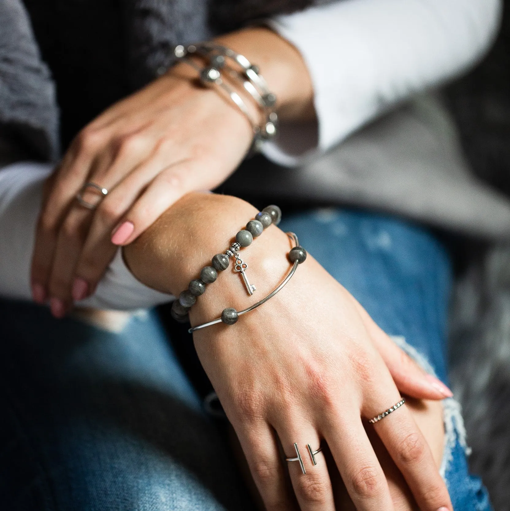 Anchor | Stone Beaded Charm Bracelet | Onyx