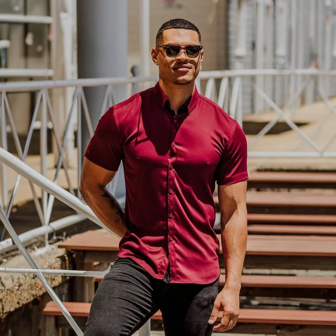 Bamboo Satin Stretch Short Sleeve Shirt - Burgundy