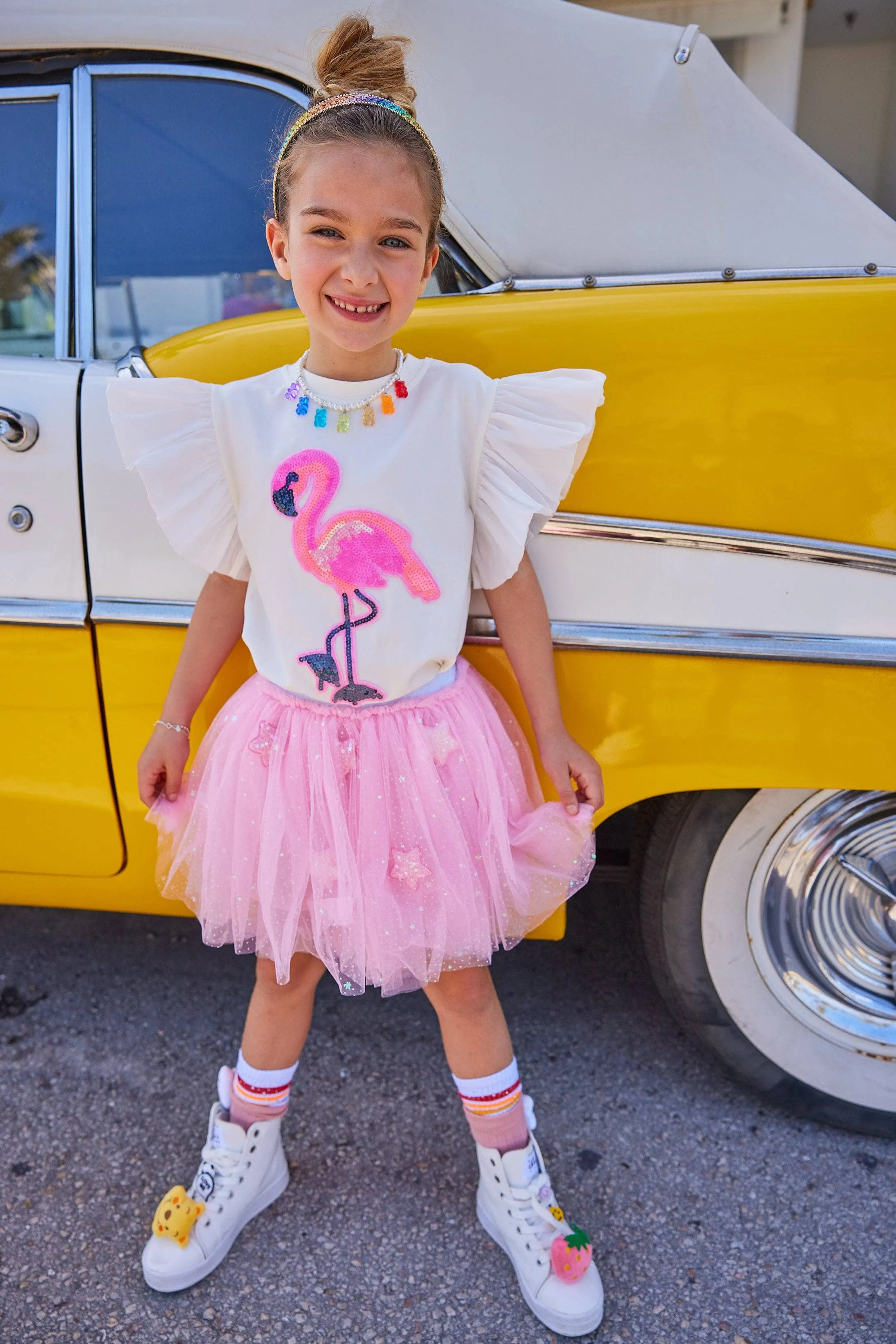 Beaded Flamingo Ruffle T-shirt