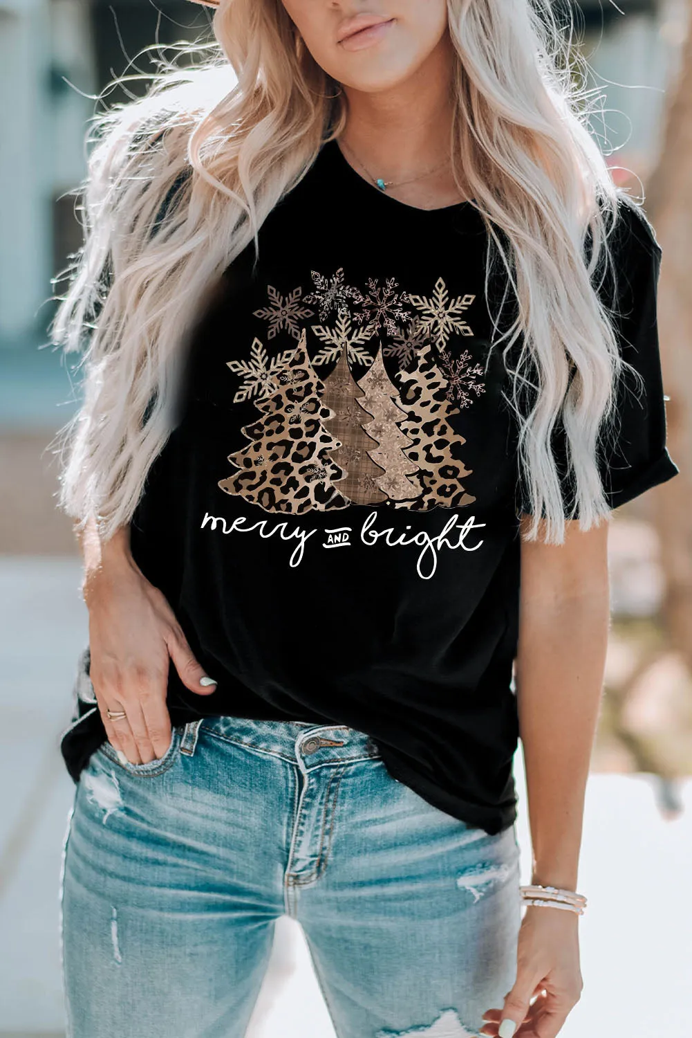 Black Christmas Tree Graphic Print Top