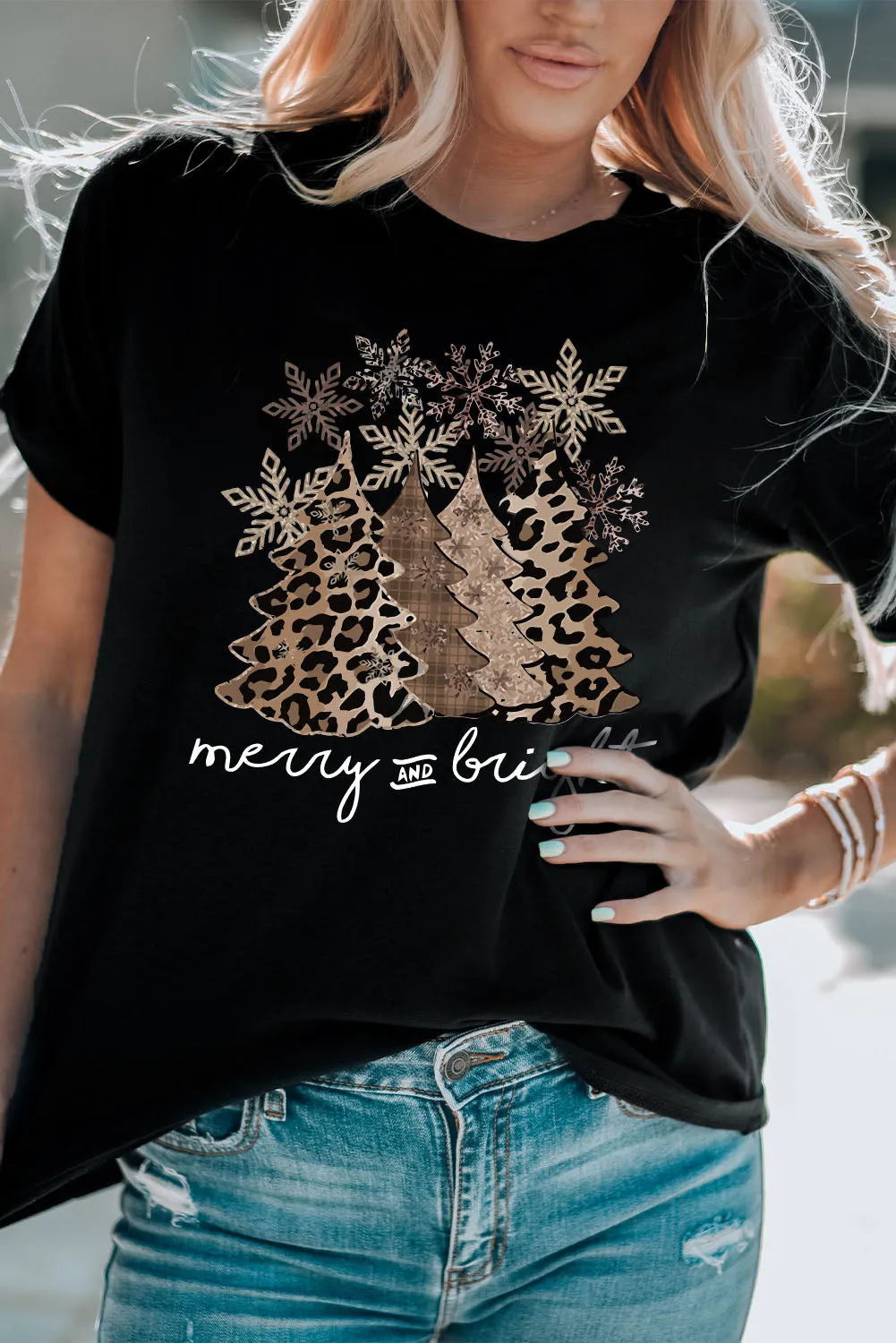 Black Christmas Tree Graphic Print Top