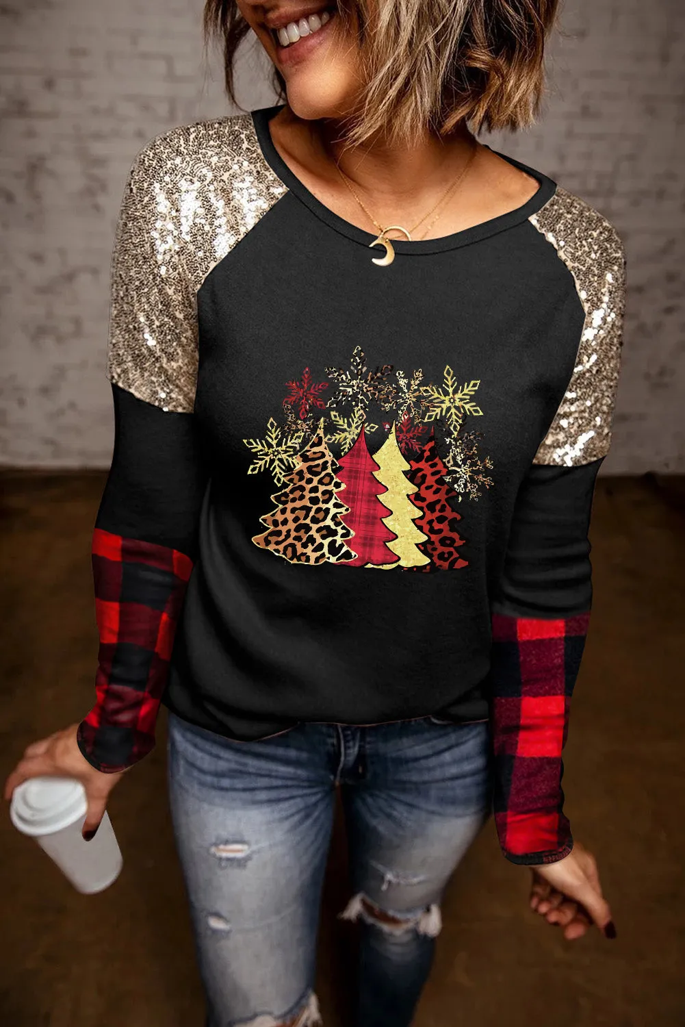 Black Christmas Tree Sequin Long Sleeve Top