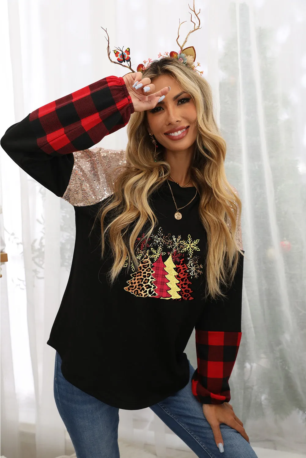 Black Christmas Tree Sequin Long Sleeve Top