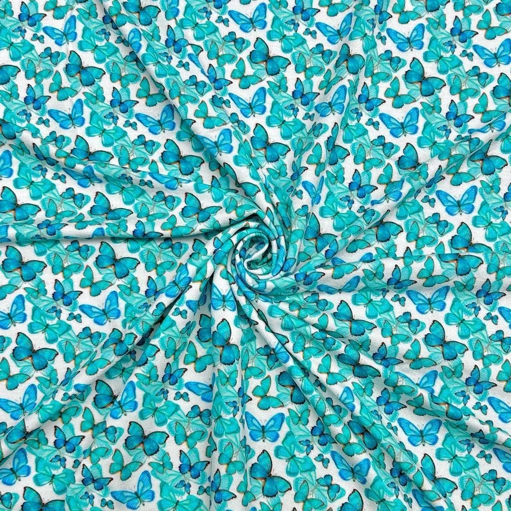 Blue and Teal Butterflies Bamboo Jersey Fabric