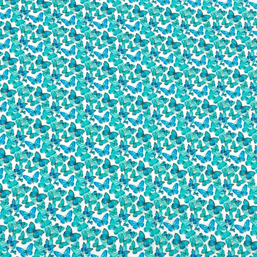 Blue and Teal Butterflies Bamboo Jersey Fabric