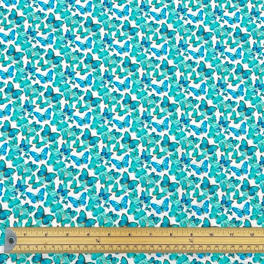 Blue and Teal Butterflies Bamboo Jersey Fabric