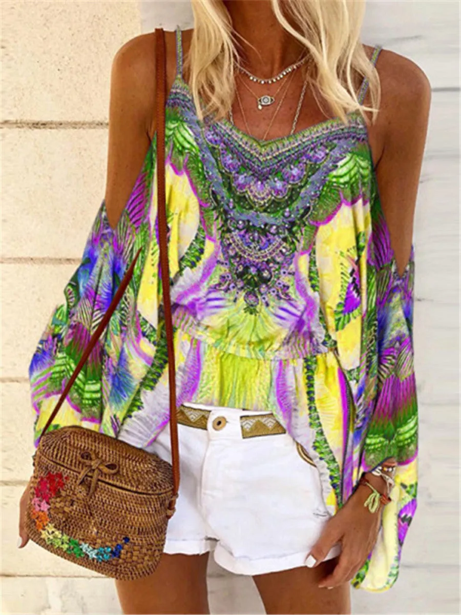 Bohemian Sling Off Shoulder Sleeve Print T-Shirt