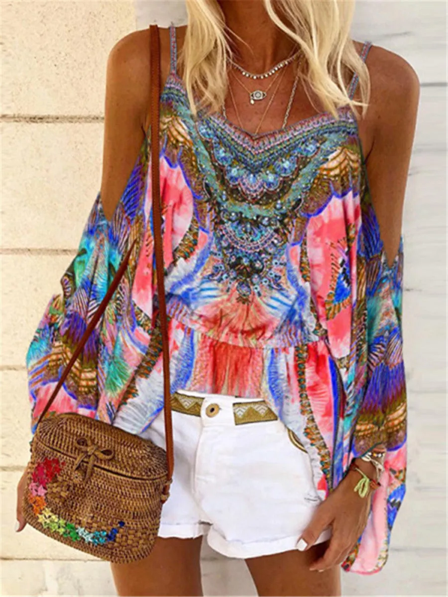 Bohemian Sling Off Shoulder Sleeve Print T-Shirt