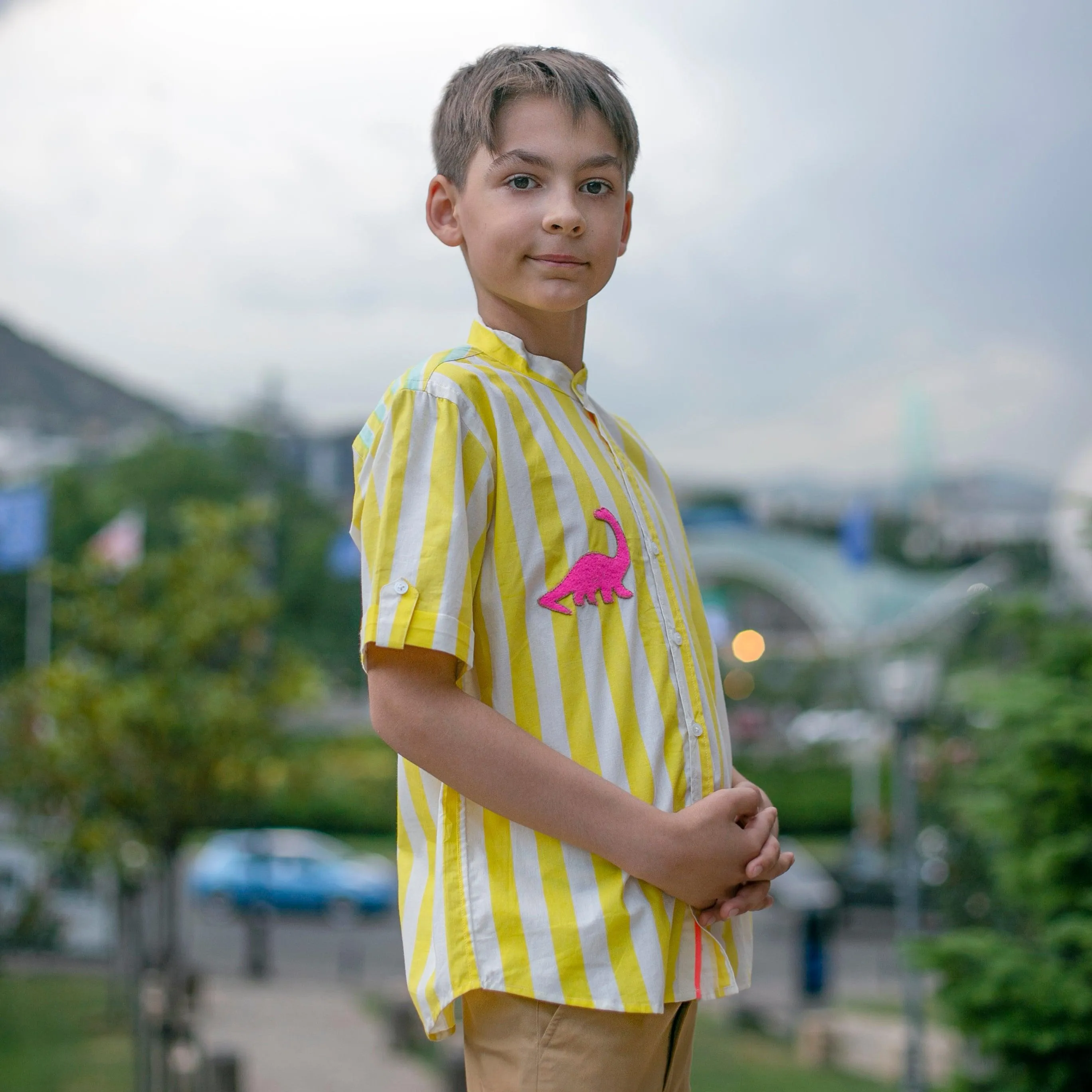 Classique- Yellow and White Striped Shirt with Mandarin Collar for Boys