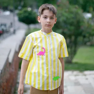 Classique- Yellow and White Striped Shirt with Mandarin Collar for Boys