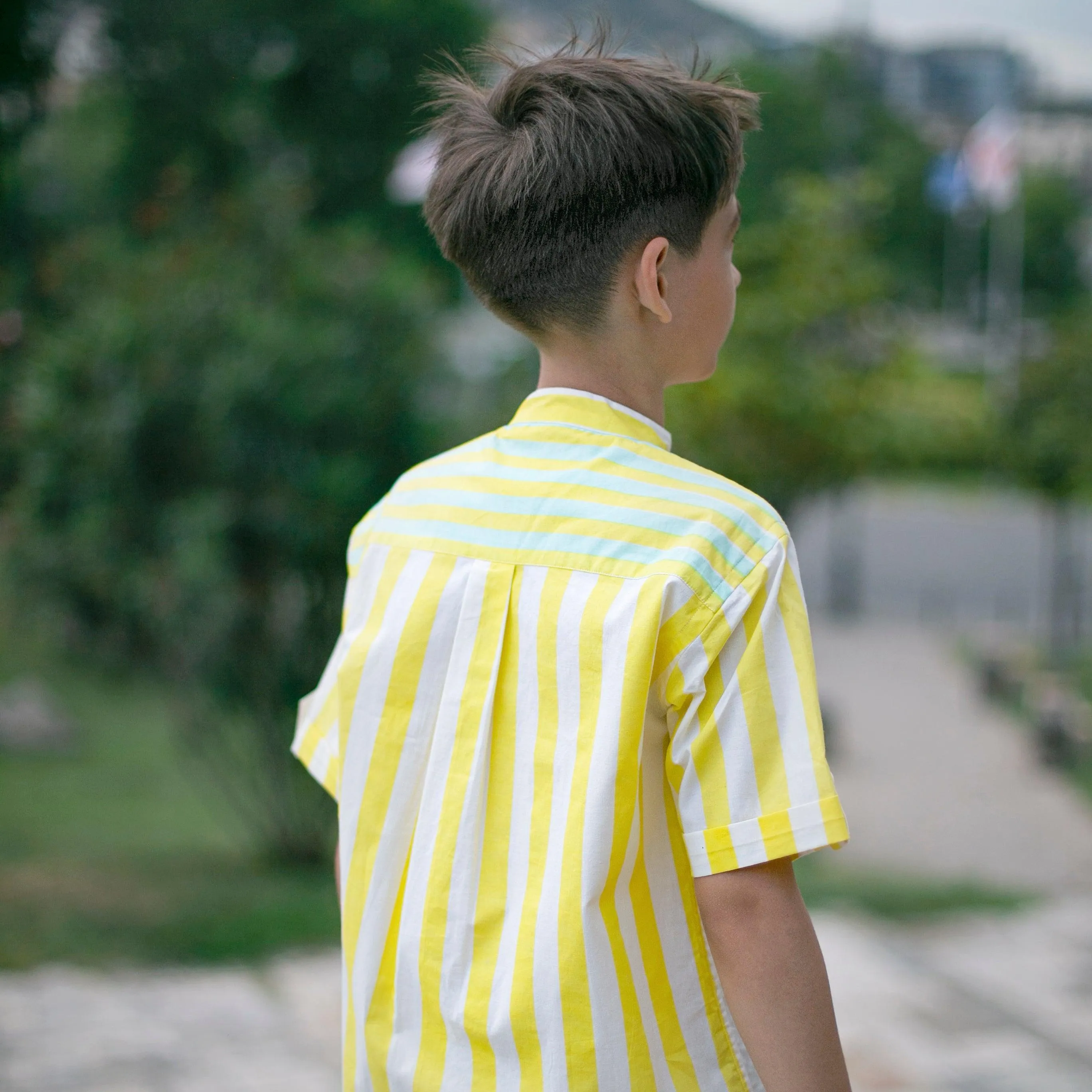 Classique- Yellow and White Striped Shirt with Mandarin Collar for Boys