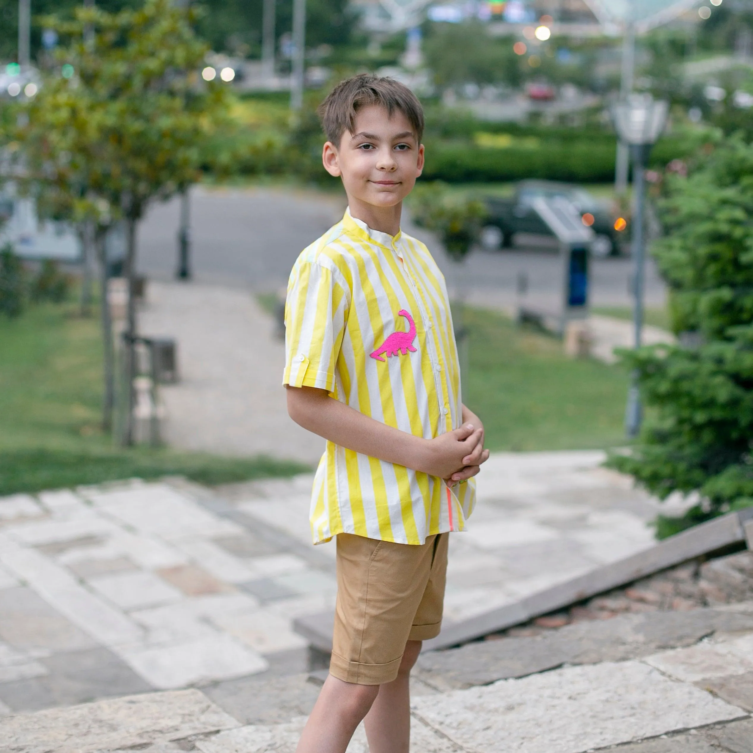 Classique- Yellow and White Striped Shirt with Mandarin Collar for Boys