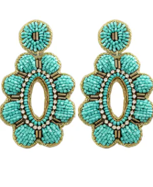 Crystal & Oval Beaded Earrings in teal