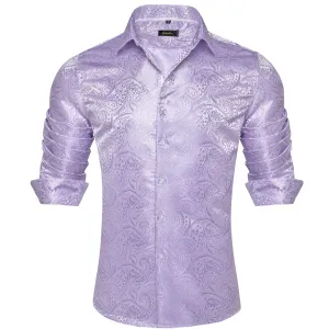 DiBanGu Collared Shirt Thistle Purple Paisley Silk Button Down Long Sleeve Mens Shirt Dress