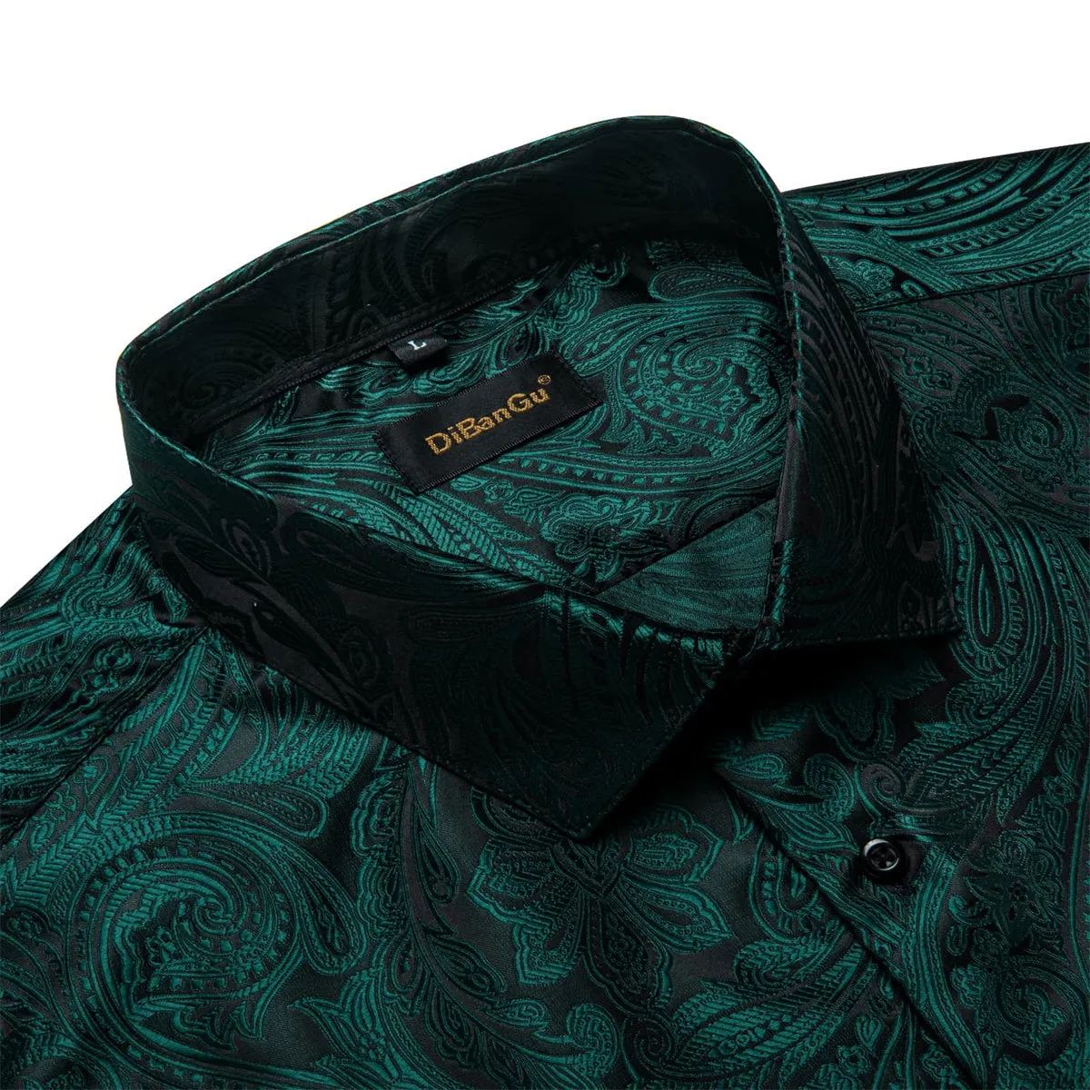 DiBanGu Dress Shirt Medium Jungle Green Paisley Long Sleeve Button Up Silk Shirt for Men