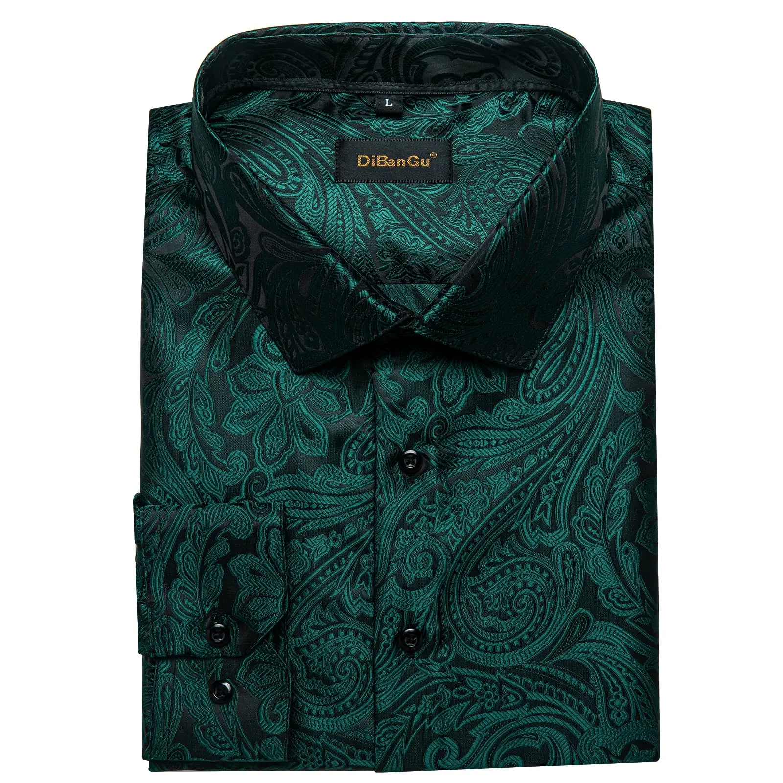 DiBanGu Dress Shirt Medium Jungle Green Paisley Long Sleeve Button Up Silk Shirt for Men