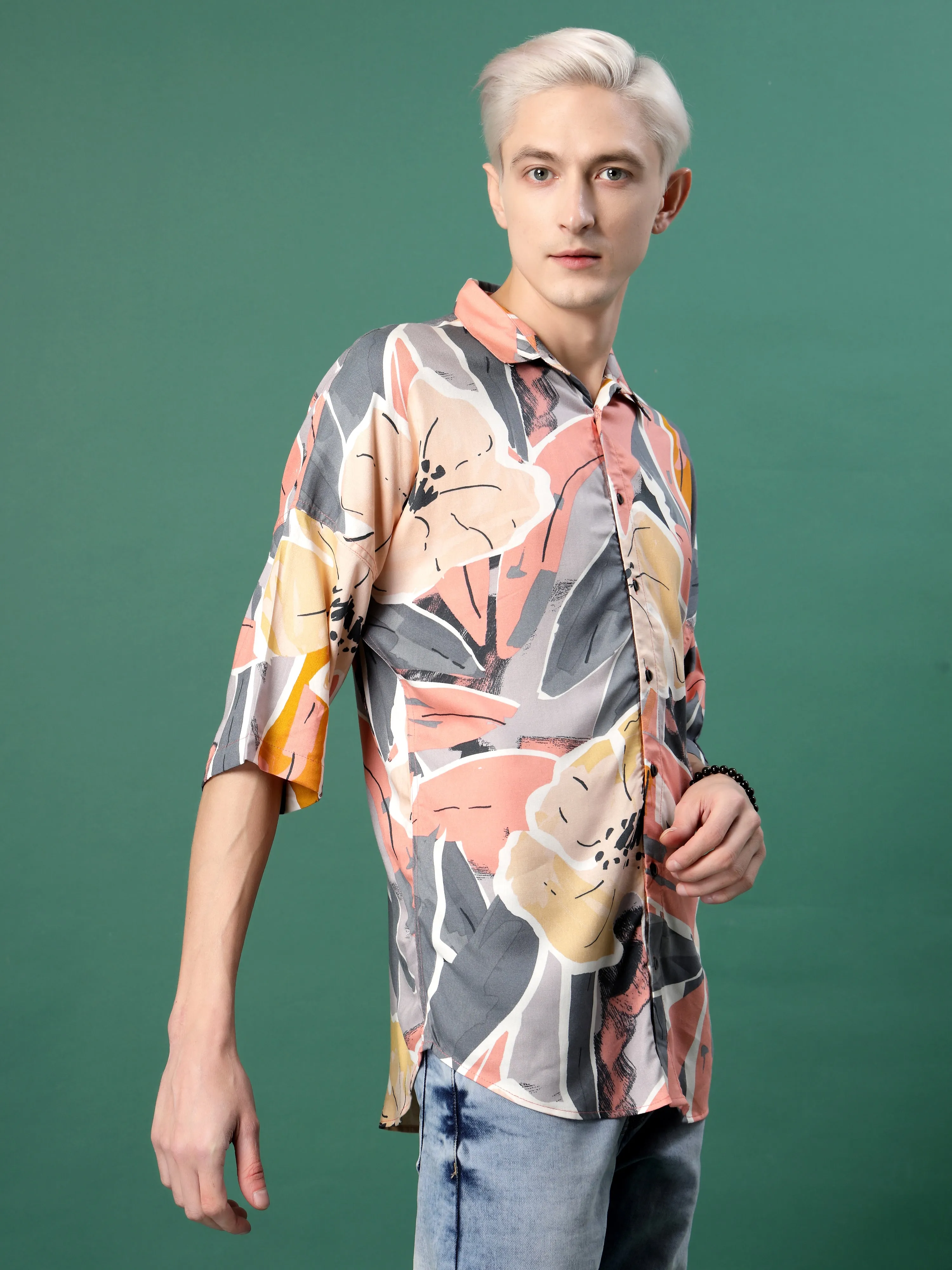 Elegance Pink Foliage Print Oversized Rayon Shirt for Men