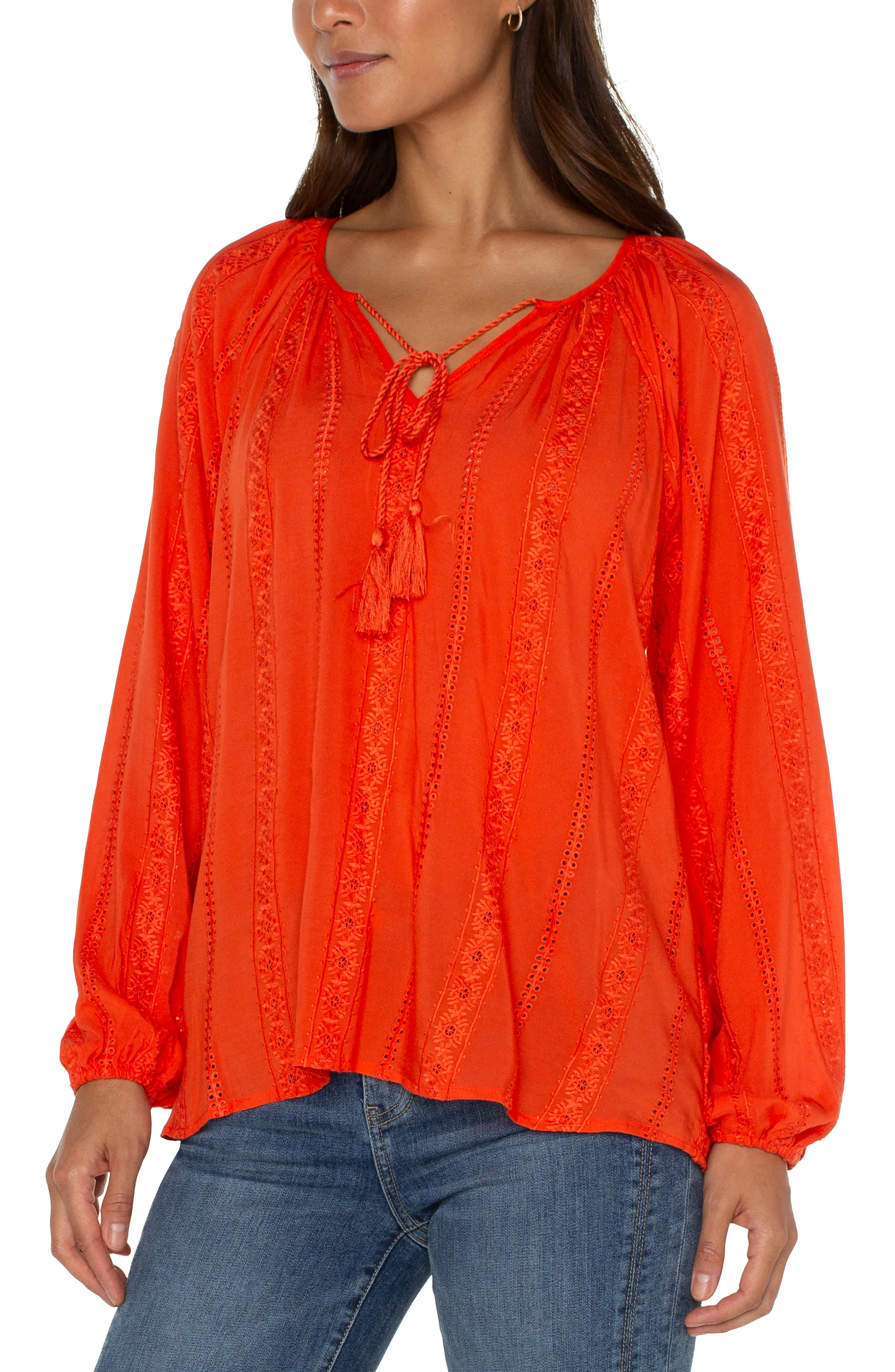 EMBROIDERED SHIRRED BLOUSE WITH NECK TIES