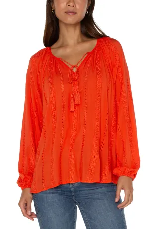 EMBROIDERED SHIRRED BLOUSE WITH NECK TIES