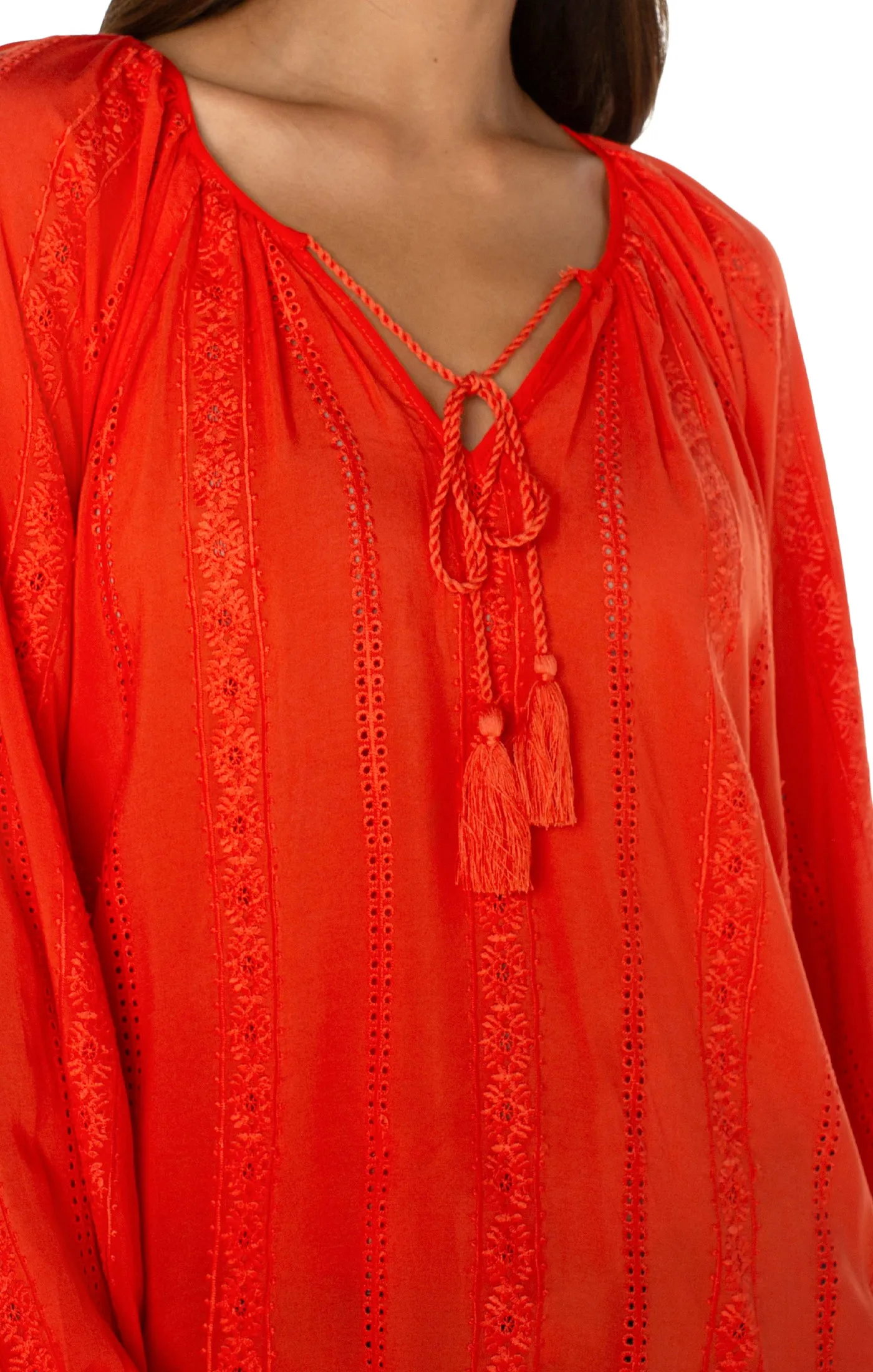 EMBROIDERED SHIRRED BLOUSE WITH NECK TIES