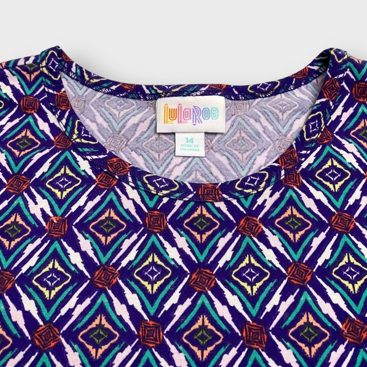 Girls | Lularoe Gracie Top | 14 (14-16) | Blue/Green/White Geometric | NWT