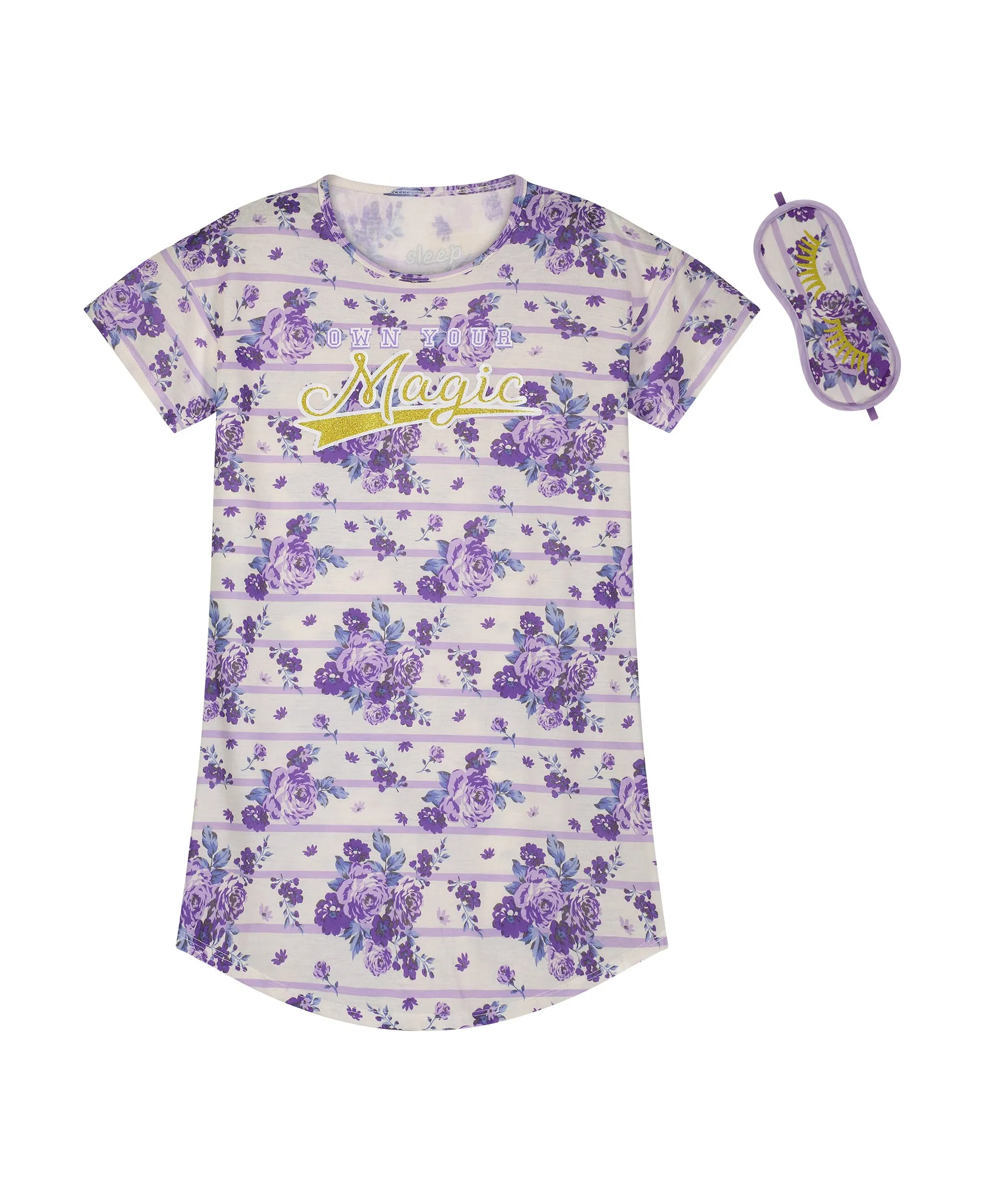 Girls Magic Florals Pajama Sleep Shirt With Matching Sleep Mask