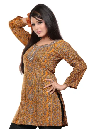 India Tunic Top Kurti Womens Printed Blouse Indian Apparel (Orange)