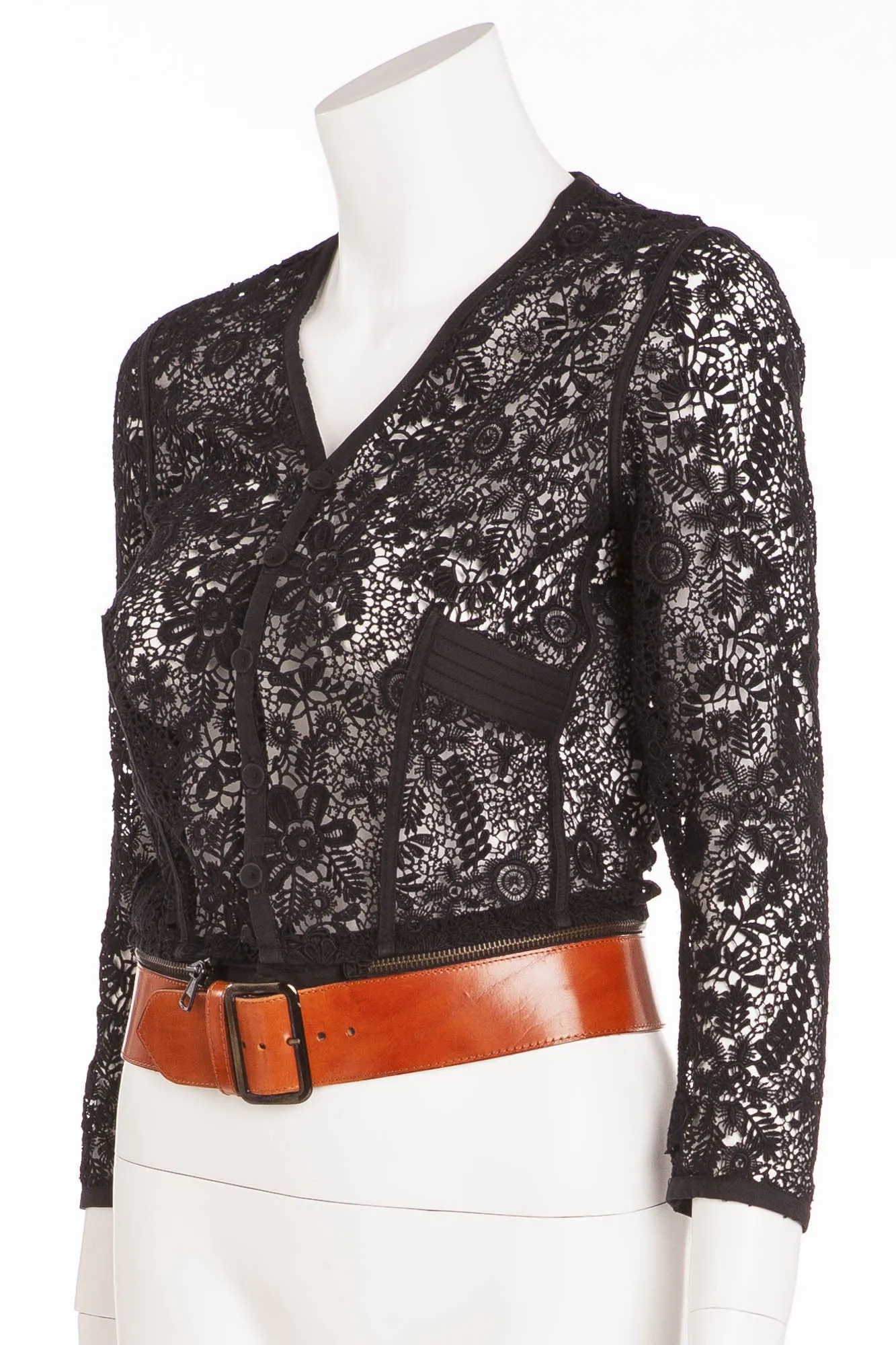 Jean Paul Gaultier - Black 3/4 Sleeve Lace Cardigan with Brown Belt - IT 40