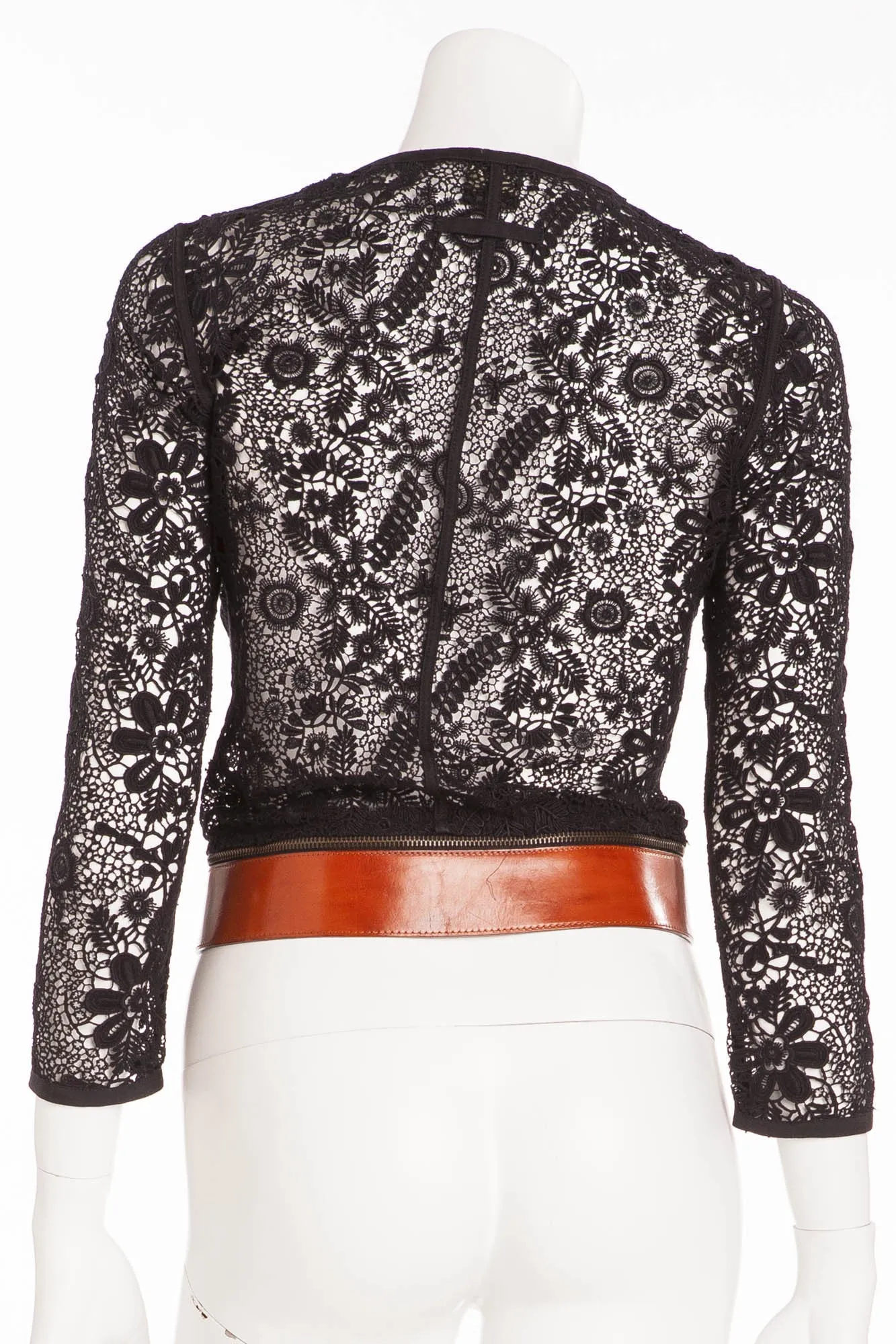 Jean Paul Gaultier - Black 3/4 Sleeve Lace Cardigan with Brown Belt - IT 40