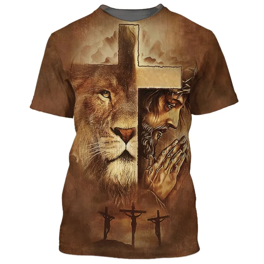 Jesus Prayer Lion Of Judah Cross 3d Shirts - Christian T Shirts For Men And Women