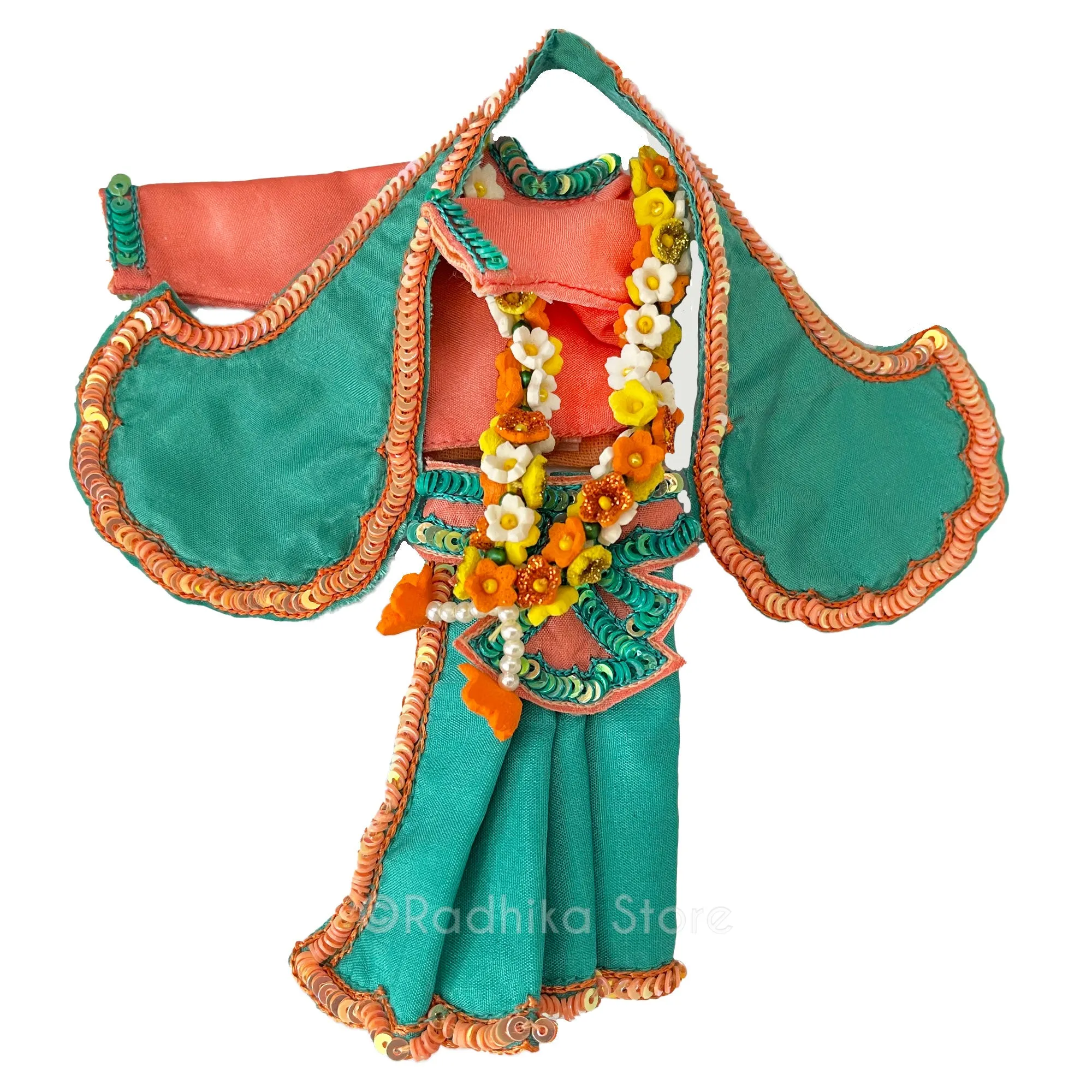 Kusam Sarovara - Peach and Teal Green - Radha Krishna Deity Outfit- With Belt