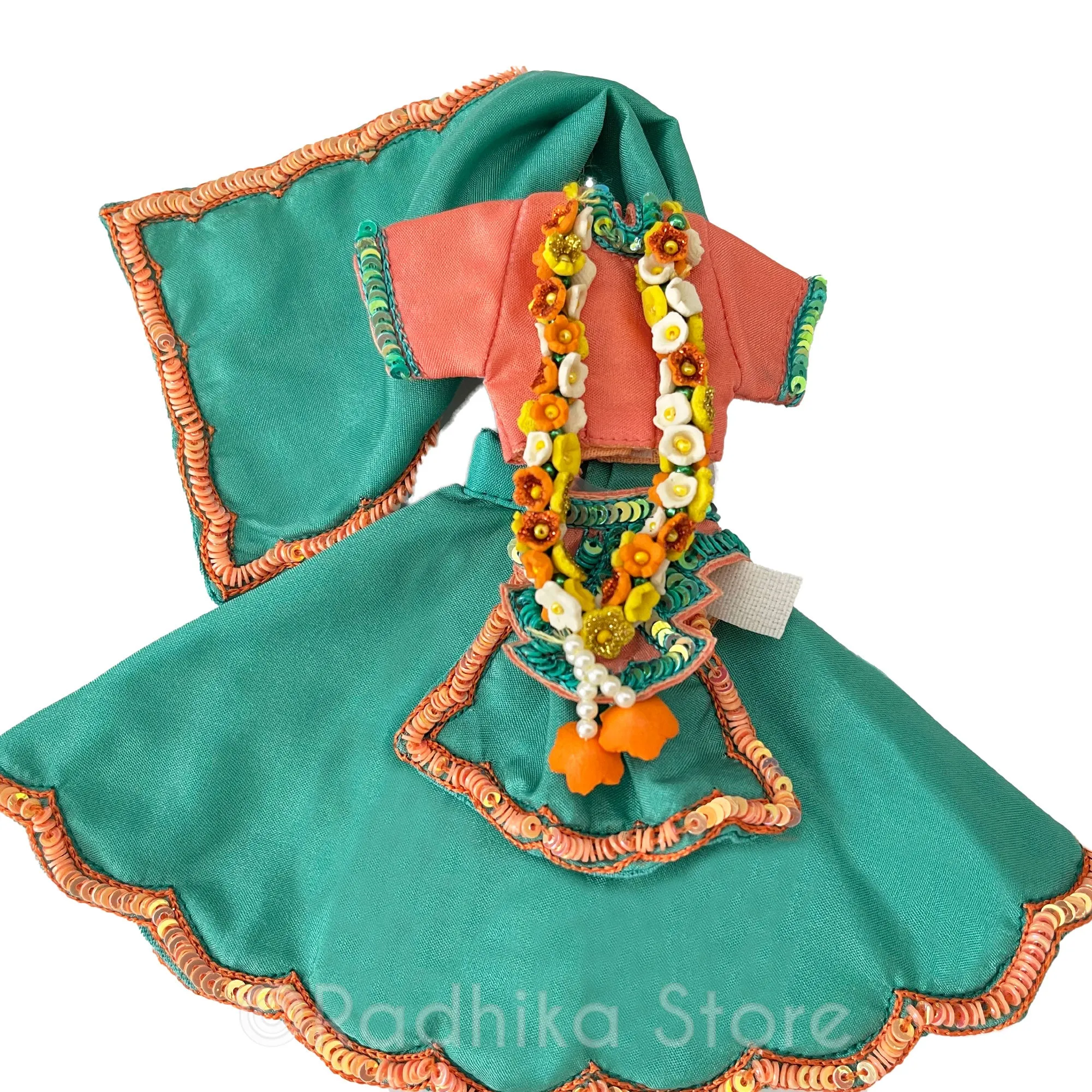 Kusam Sarovara - Peach and Teal Green - Radha Krishna Deity Outfit- With Belt