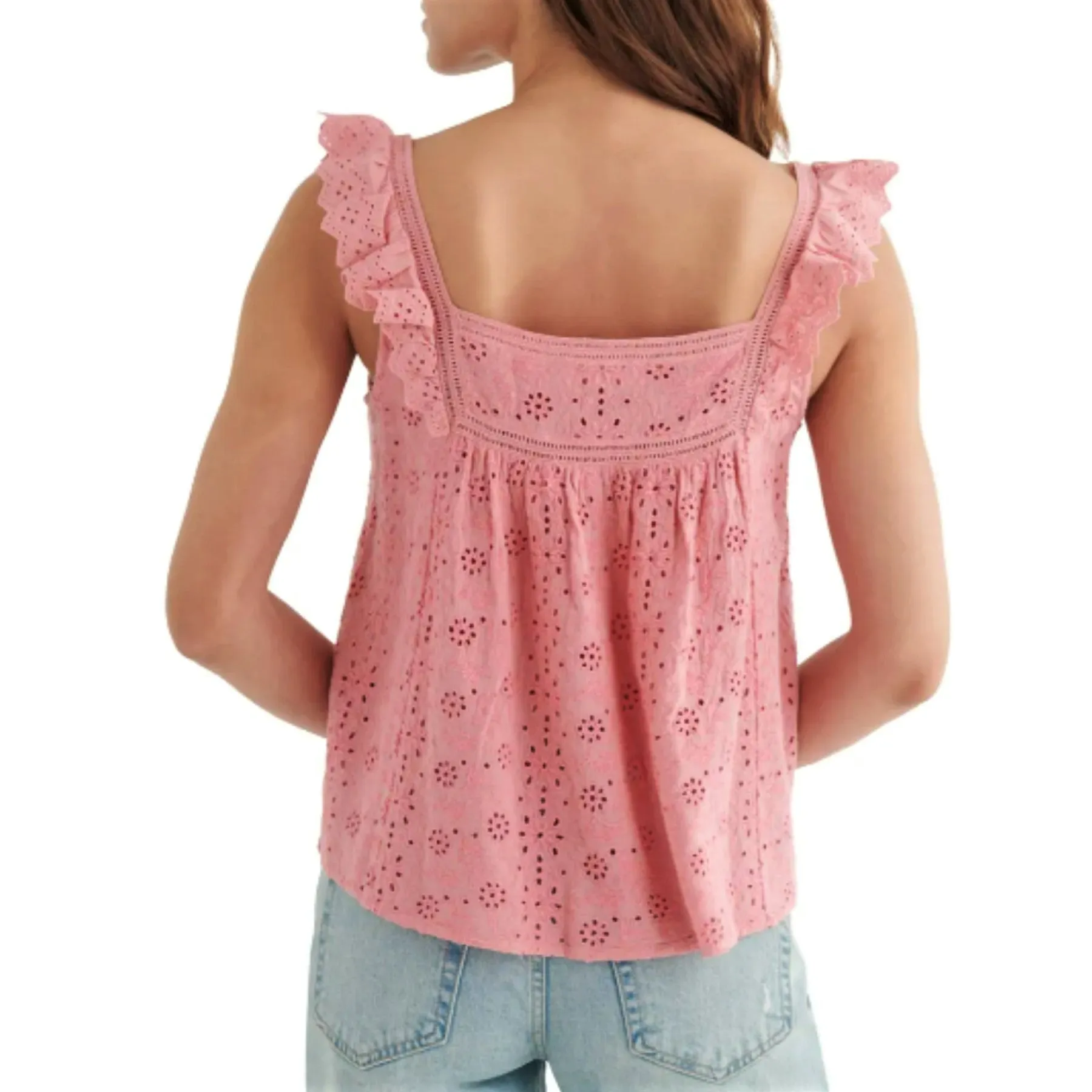 Lucky Brand Embroidered Ruffle Button Down Tank Top