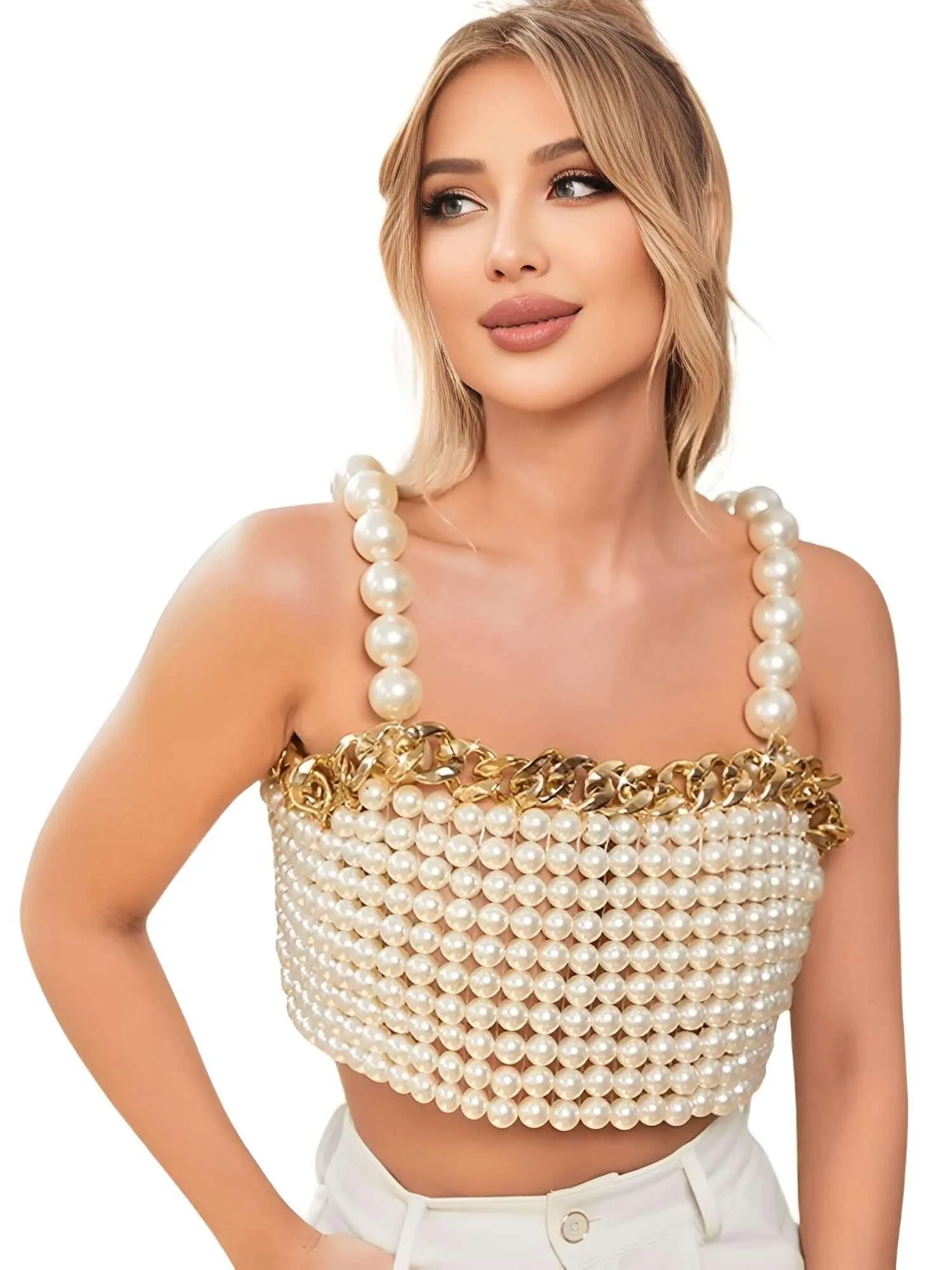 Luxury White Pearl Crop Top with Gold Metal Chain