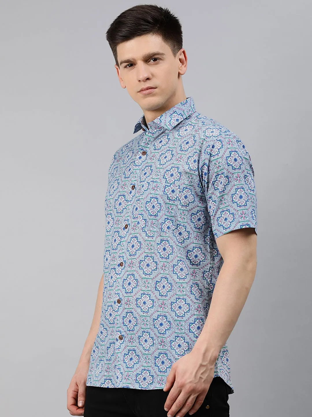 Men's Blue Cotton Short Sleeves Shirts For Men - Taantav