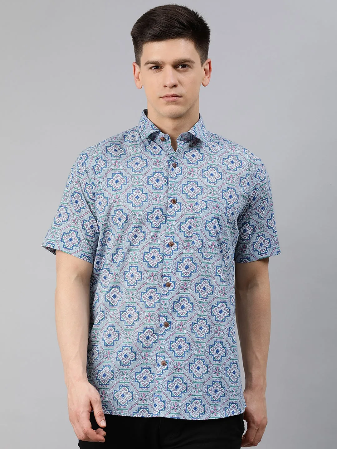 Men's Blue Cotton Short Sleeves Shirts For Men - Taantav