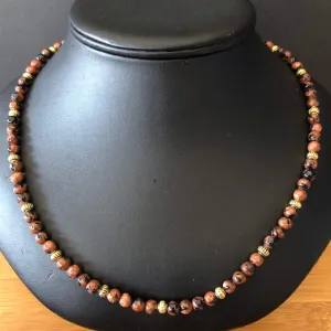 Mens Brown Gold and Blue Goldstone Beaded Necklace