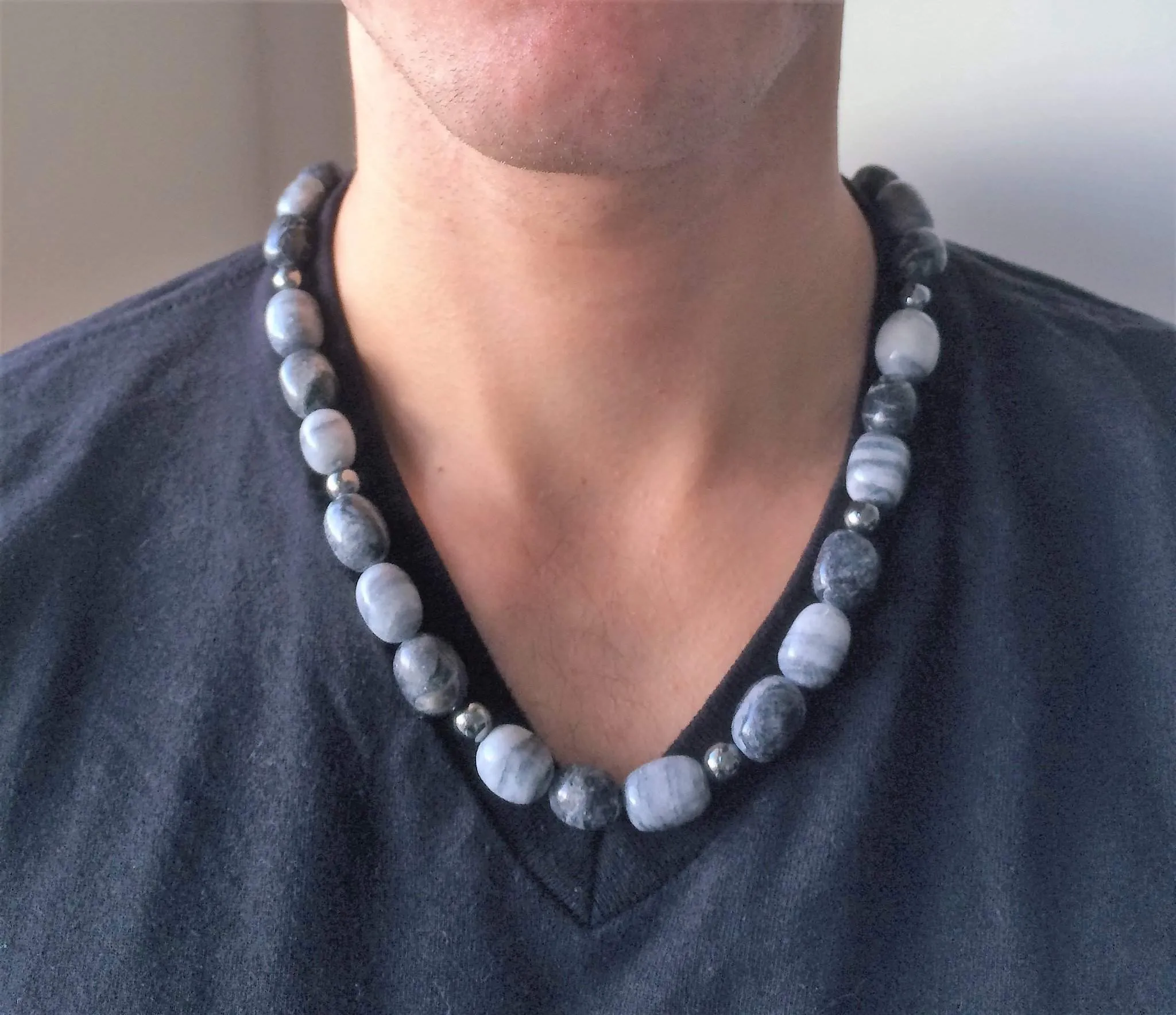 Mens Gray and Black Marble Stone Necklace