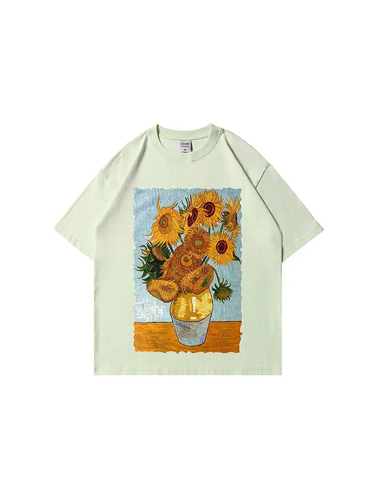 Men'S Loose T-Shirts With An Oil Sunflower Print